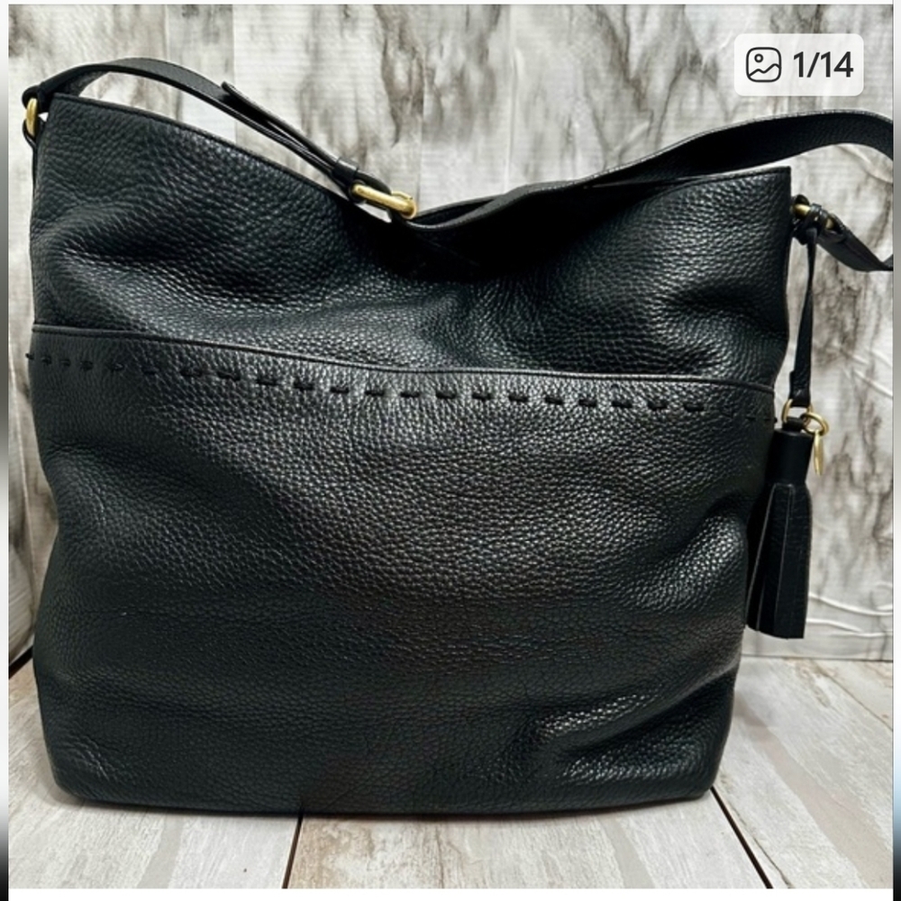 COLE HAAN Pebbled Black Leather Hobo Satchel Large Shoulder Bag Tassel & Brass - Picture 11 of 11